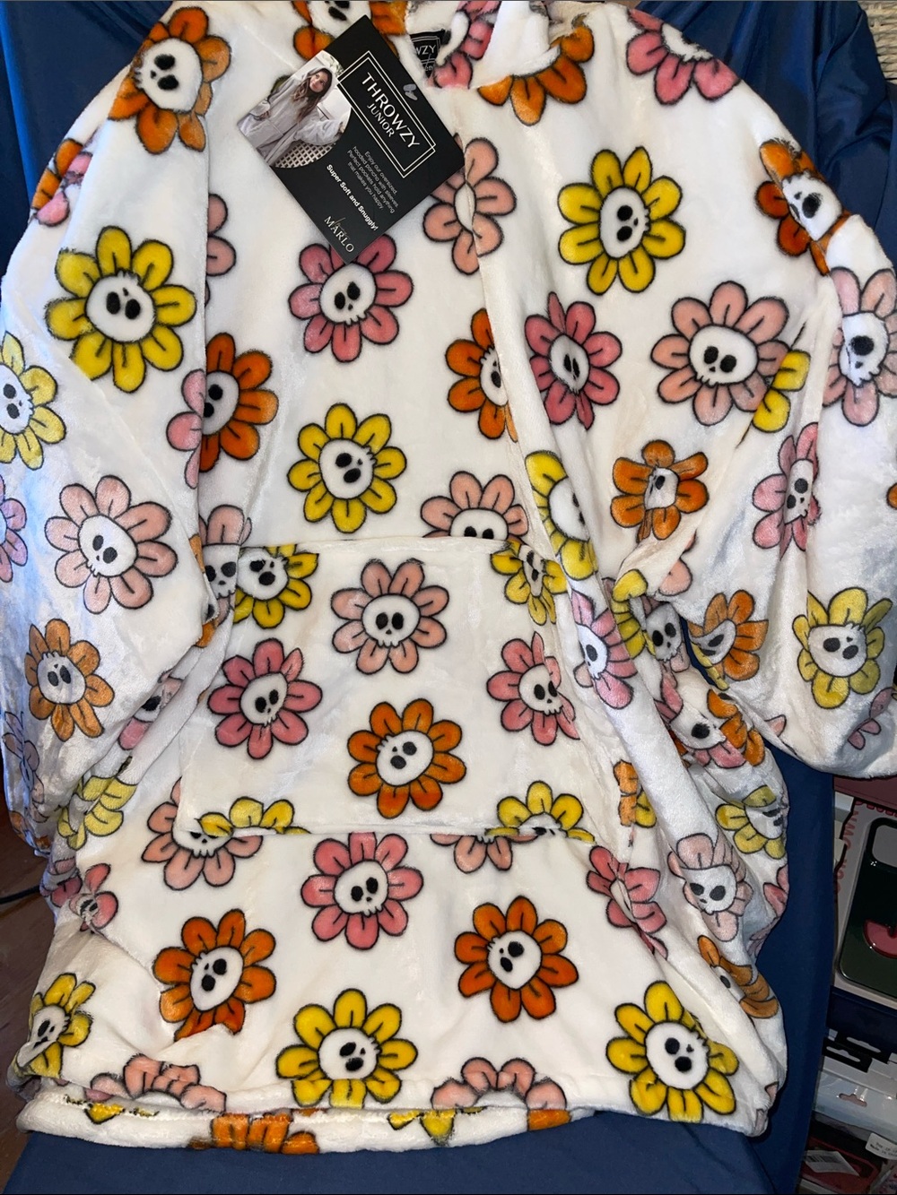 Throwzy Junior Plush Hoodie with Colorful Daisy Skulls on White